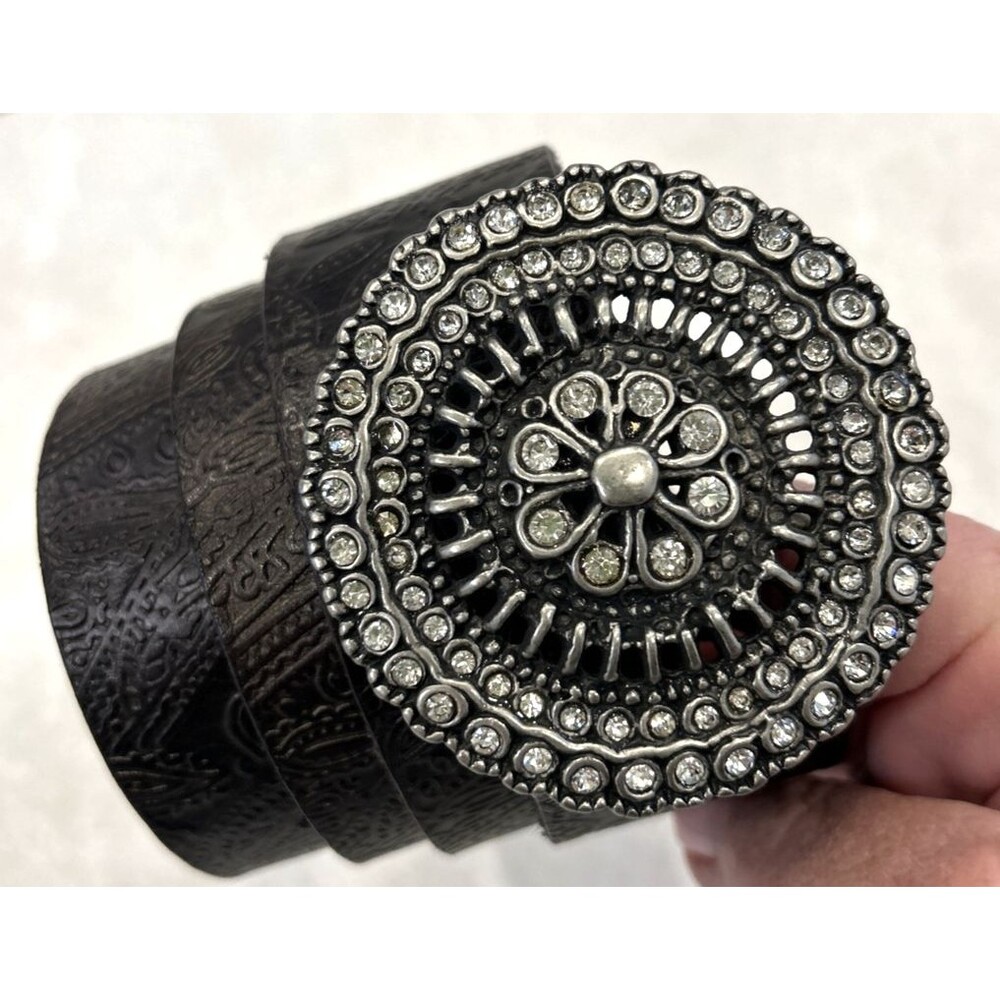 Fossil Women's  Brown Leather Belt Tooled Embossed Rhinestone Sz Med Boho